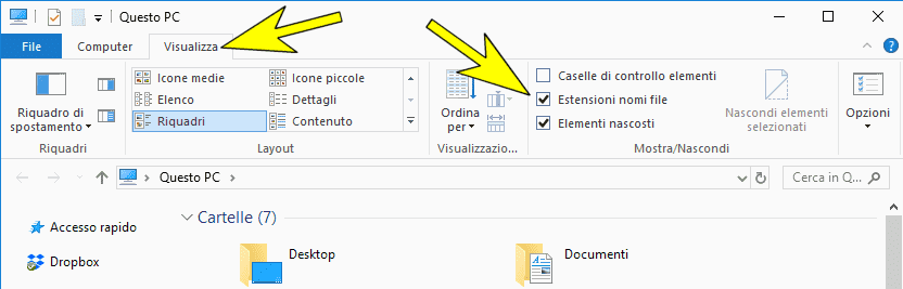 Come mostrare le estensioni dei files e i files nascosti con Windows 10