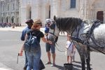 Una turista accarezza un cavallo al Mosteiro dos Jerónimos