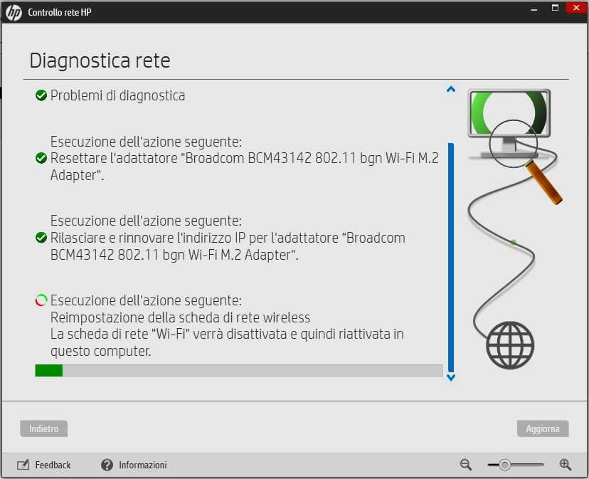 HP Support Assistant - Schermata Controllo rete HP ripristino scheda wireless Broadcom BCM43142