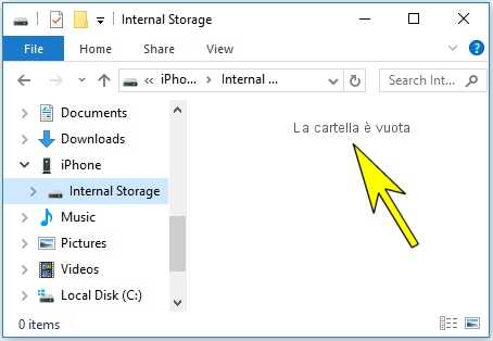 La cartella è vuota quando collego iPhone al computer