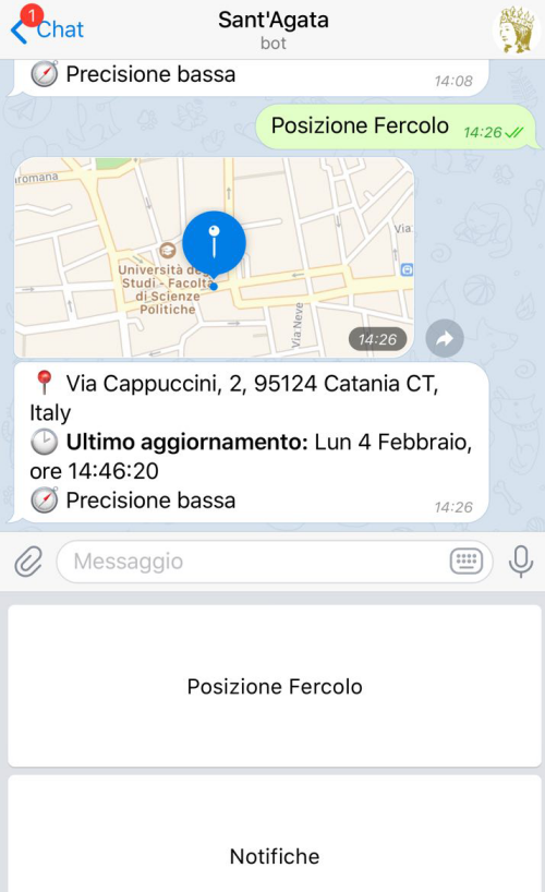 Dove si trova esattamente il fercolo di Sant'Agata in processione? (Bot per Telegram)